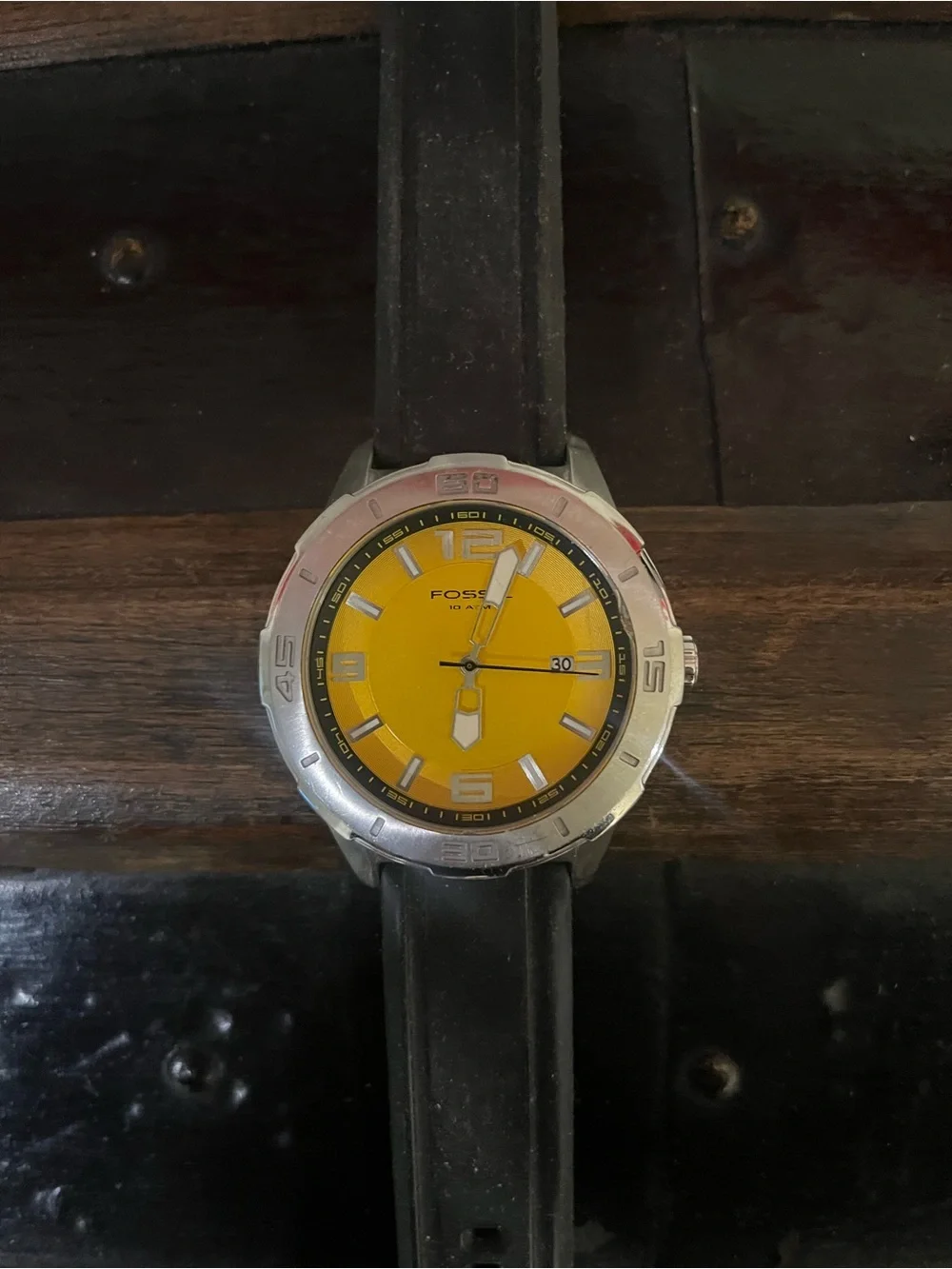 Vintage Fossil Men's Yellow Dial Watch with Black Rubber Strap